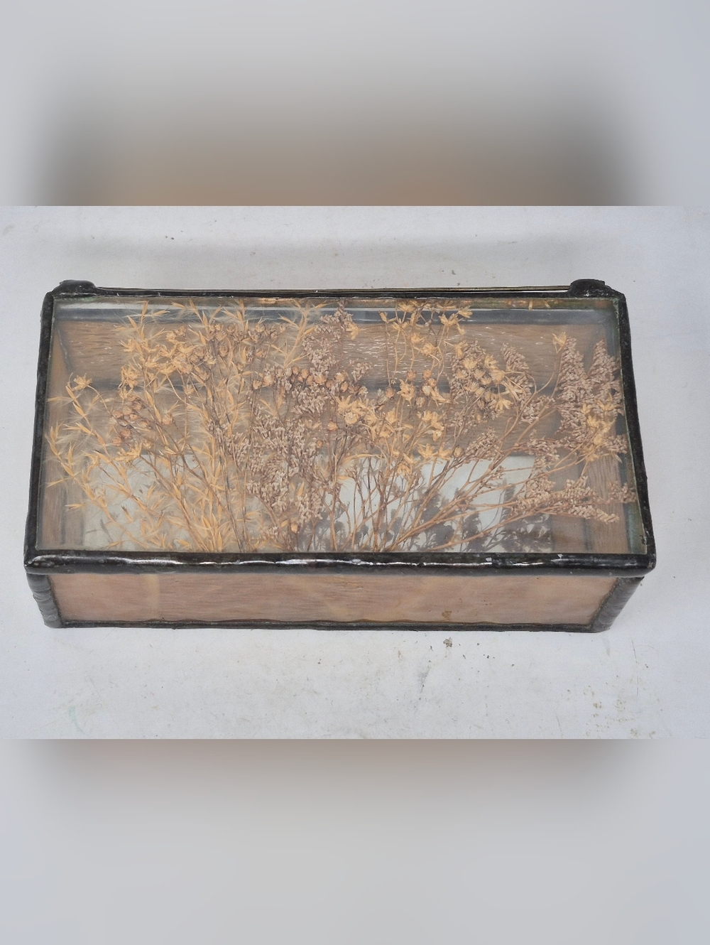 Amber Stained Glass Jewlery Box With Dried Florals In Lid
